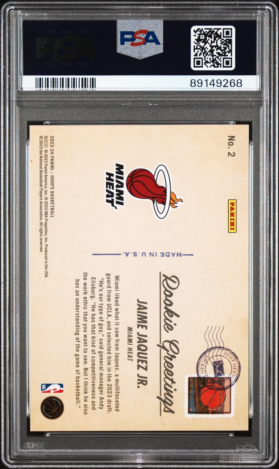 2023-24 Hoops #2 Jaime Jaquez Jr. Rookie Greetings Holo PSA 10