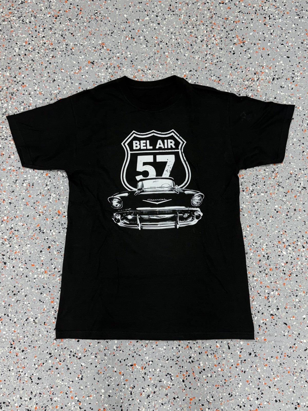 1955 Chevy Bel Air Front Grill View with Highway Sign T-Shirt - M