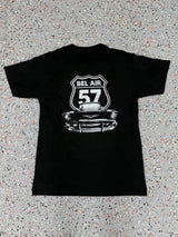 1955 Chevy Bel Air Front Grill View with Highway Sign T-Shirt - M