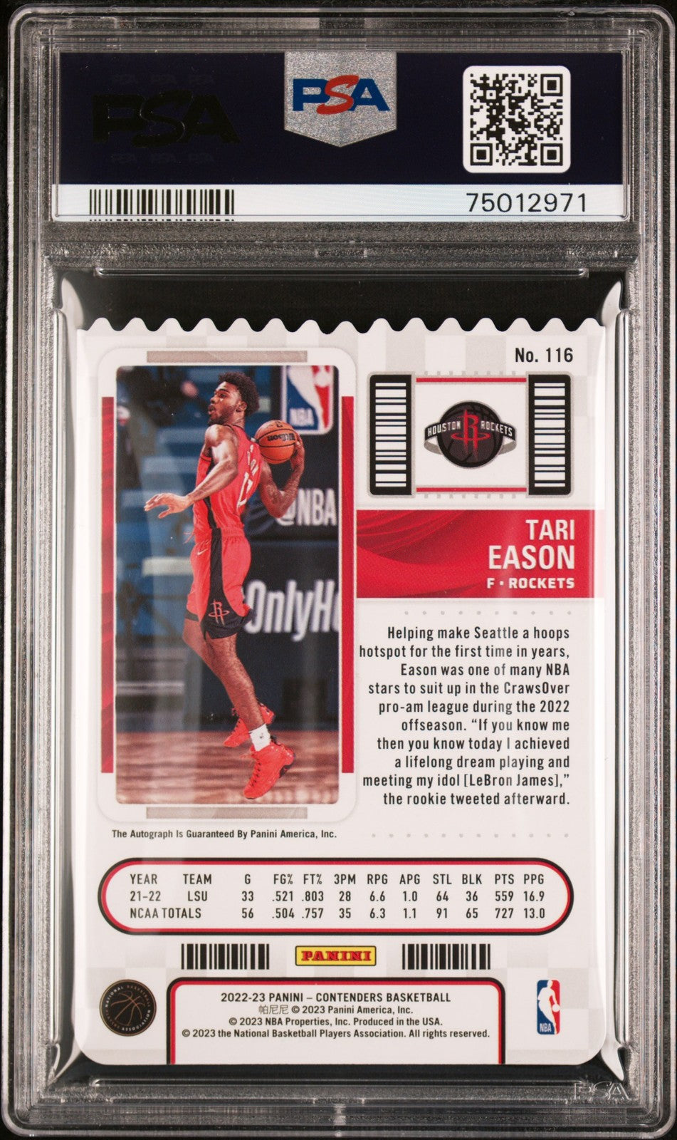 2022-23 Panini Contenders #116 Tari Eason Season Ticket Stub /17 PSA 9