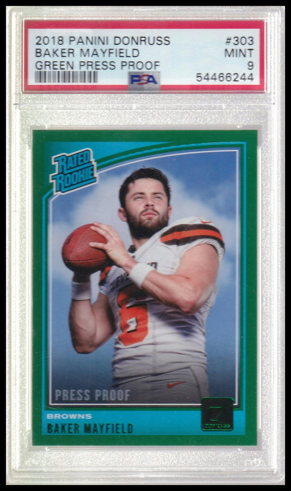 2018 Donruss #303 Baker Mayfield Press Proof Green PSA 9