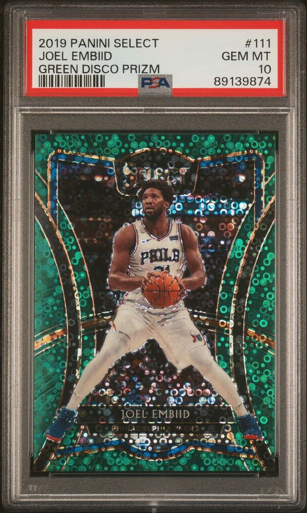 2019-20 Panini Select #111 Joel Embiid Disco Green Prizm /5 PSA 10