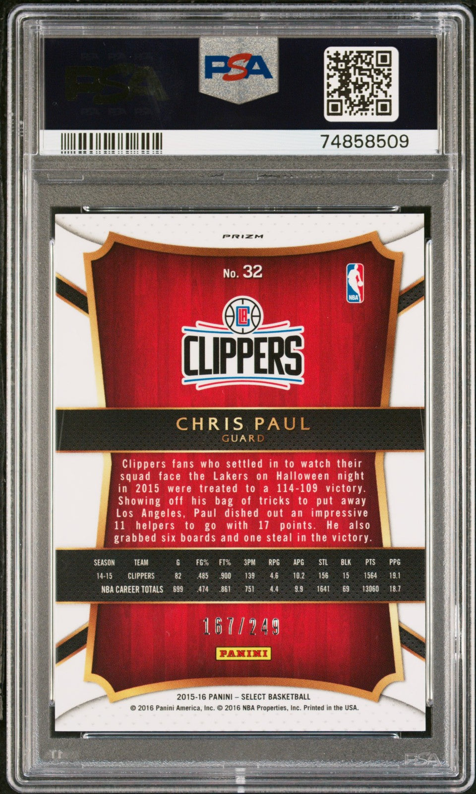 2015-16 Panini Select #32 Chris Paul Blue Prizms PSA 10