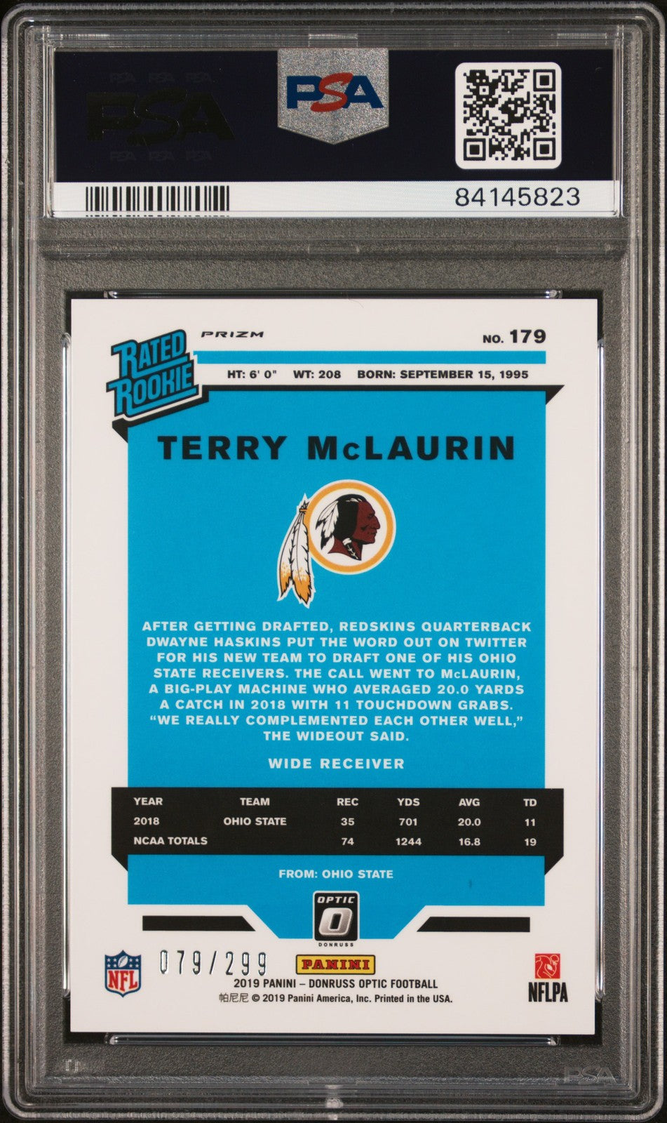 2019 Donruss Optic #179 Terry McLaurin Aqua PSA 9 #/299