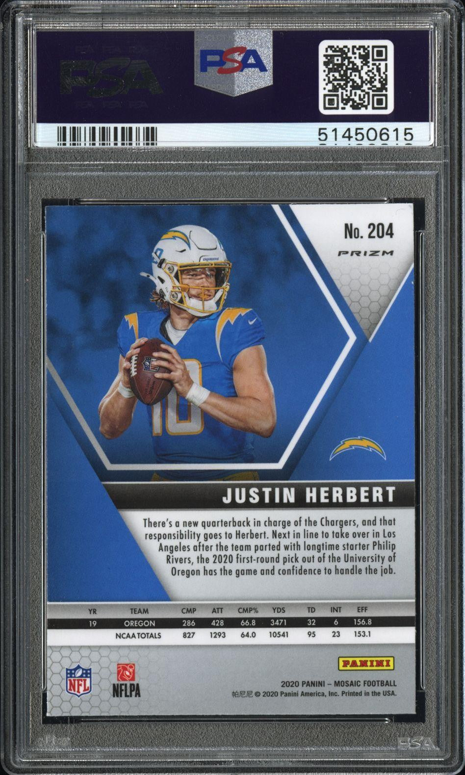 2020 Panini Mosaic #204 Justin Herbert Prizm Silver PSA 10